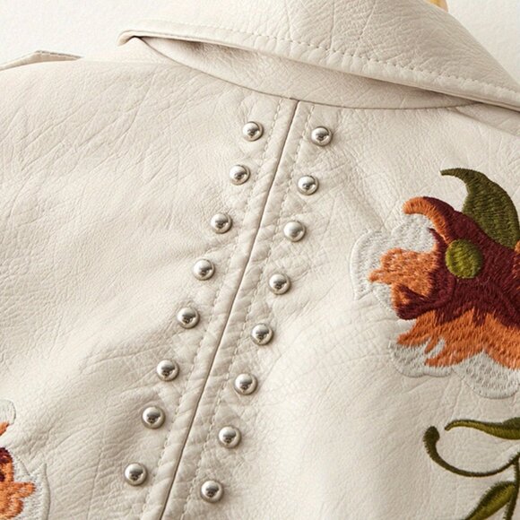 Women Floral Embroidered Moto PU Leather Jacket Coat - Picture 3 of 7